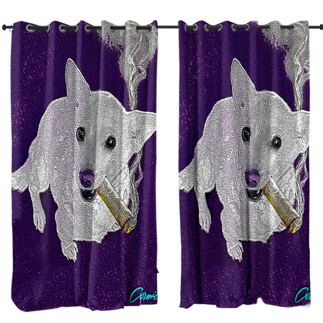 White Purple Artistic Drawing Smoking Dog Curtain