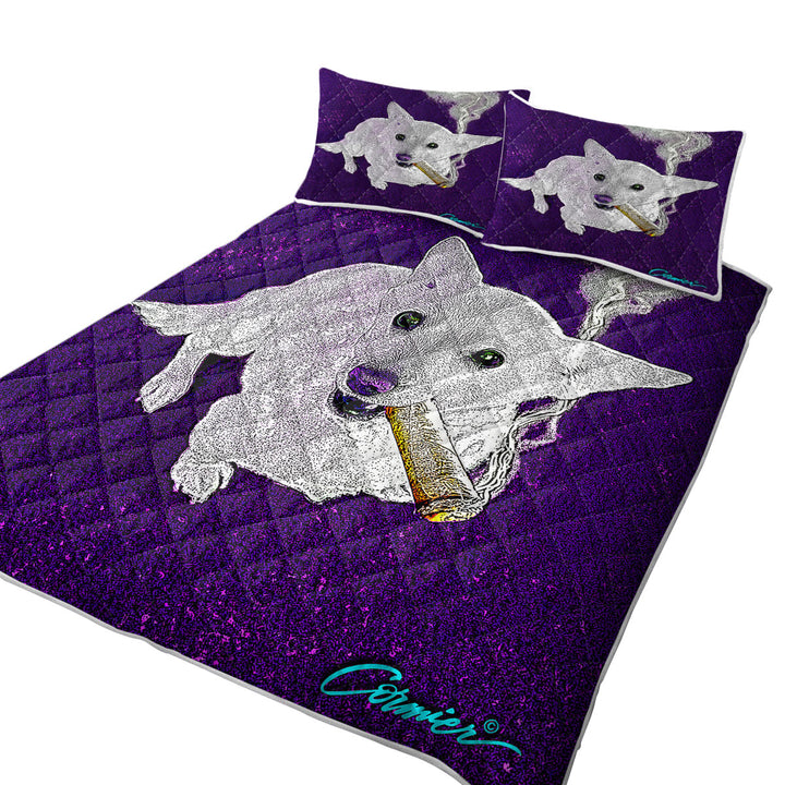 White Purple Artistic Drawing Smoking Dog King Size Bedspreads