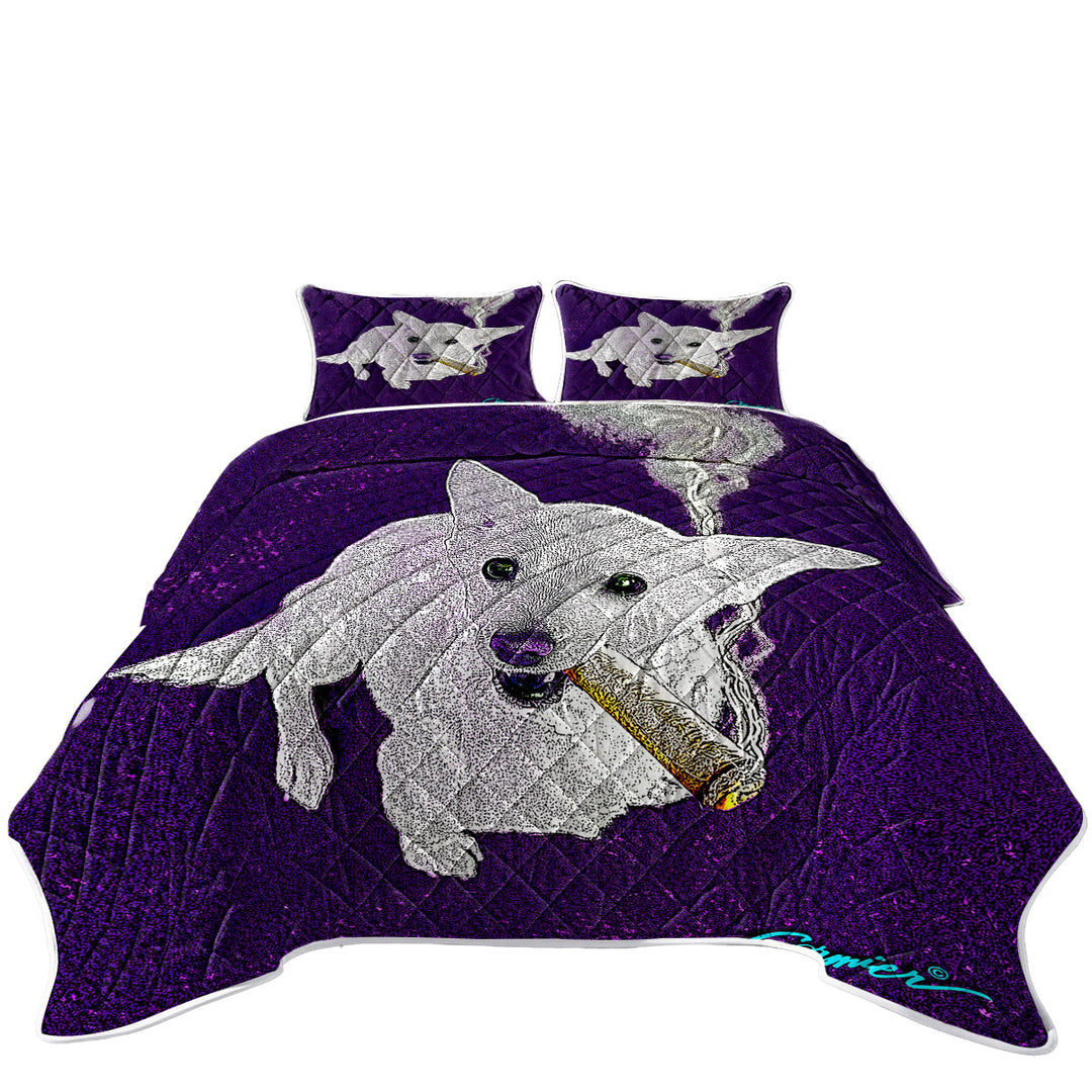 White Purple Artistic Drawing Smoking Dog Summer Quilt