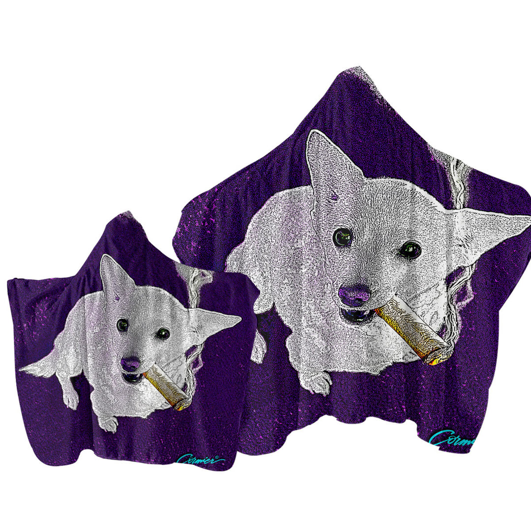 White Purple Artistic Drawing Smoking Dog Towel with Hood