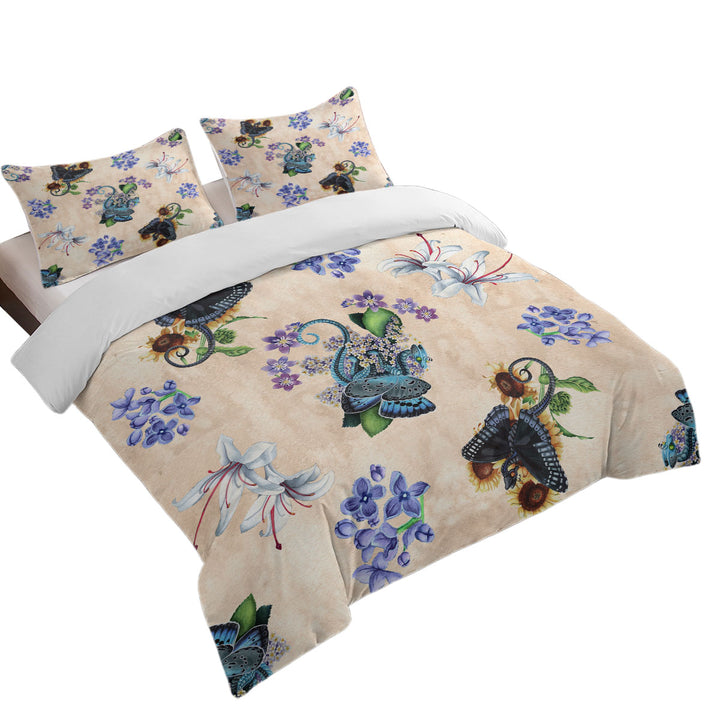 White Purple Flowers and Butterflies Dragons Bed Covers