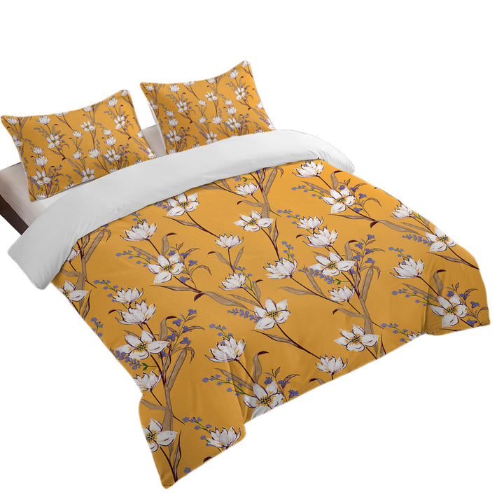 White Purple Flowers over Yellow King Duvet Cover set