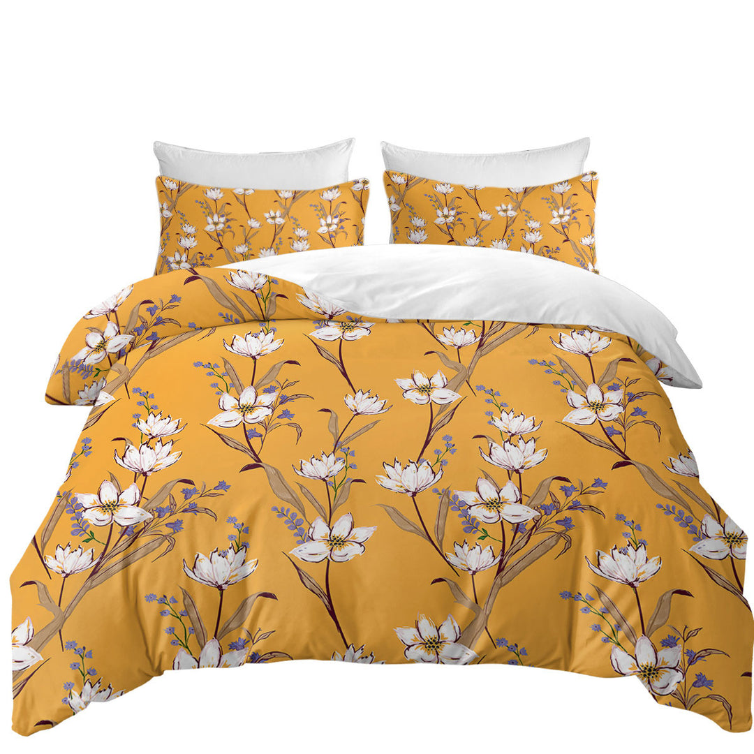 White Purple Flowers over Yellow King Size Duvet Cover