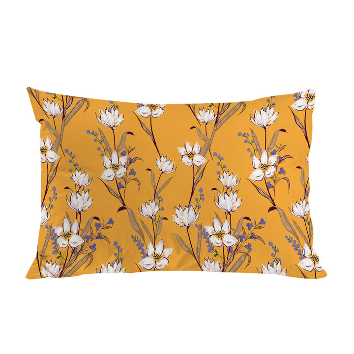 White Purple Flowers over Yellow Pillowcase