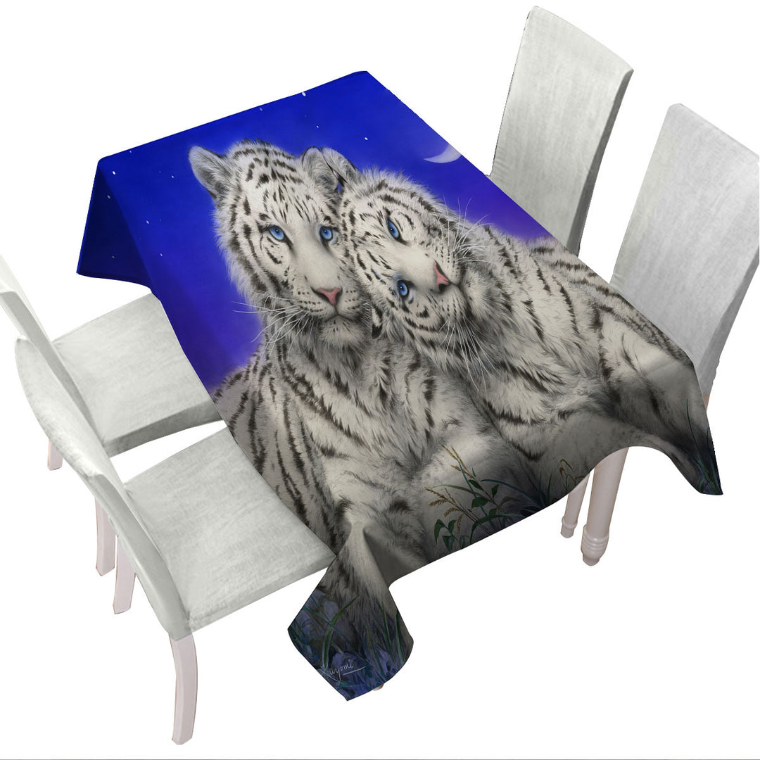 White Tigers Moon Lovers at Night Tablecloth