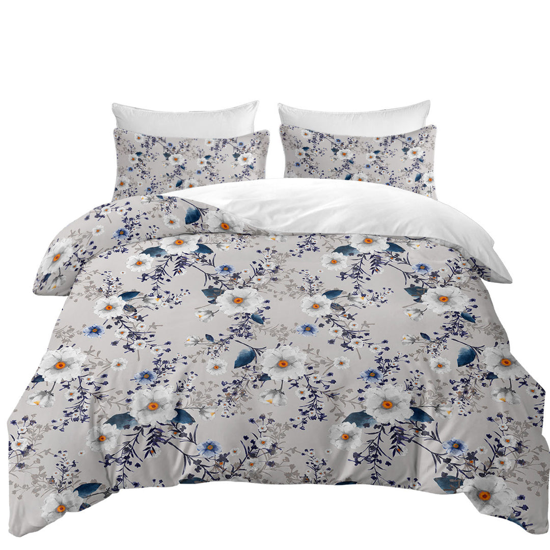 White and Blue Flowers over Grey Comforter Cover