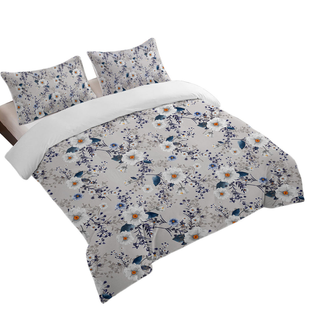 White and Blue Flowers over Grey Duvet Cover