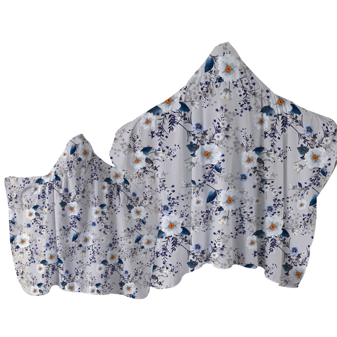 White and Blue Flowers over Grey Hooded Beach Towel