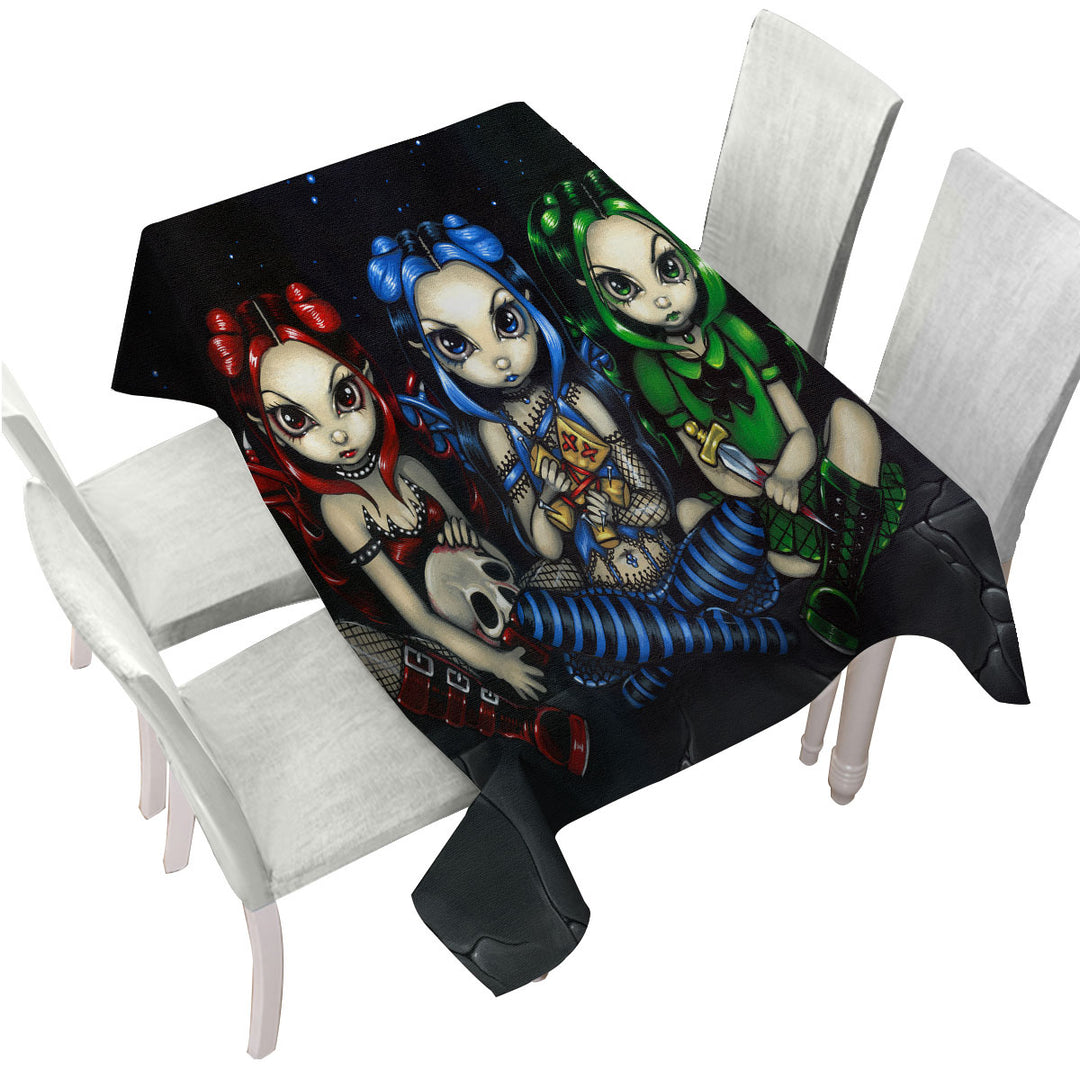 Wicked Tricksy and False Three Naughty Goth Faeries Printed Tablecloth