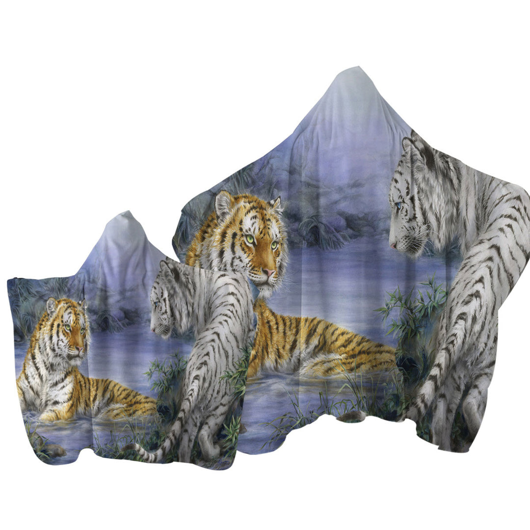 Wild Animal Art Orange and White Tigers Encounter Hooded Beach Towel