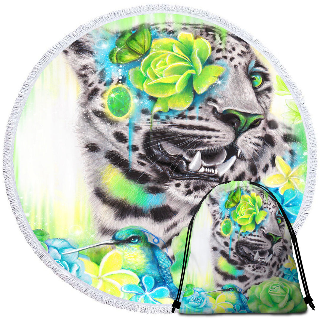 Wildlife Art Aqua Lime Leopard Round Beach Towel