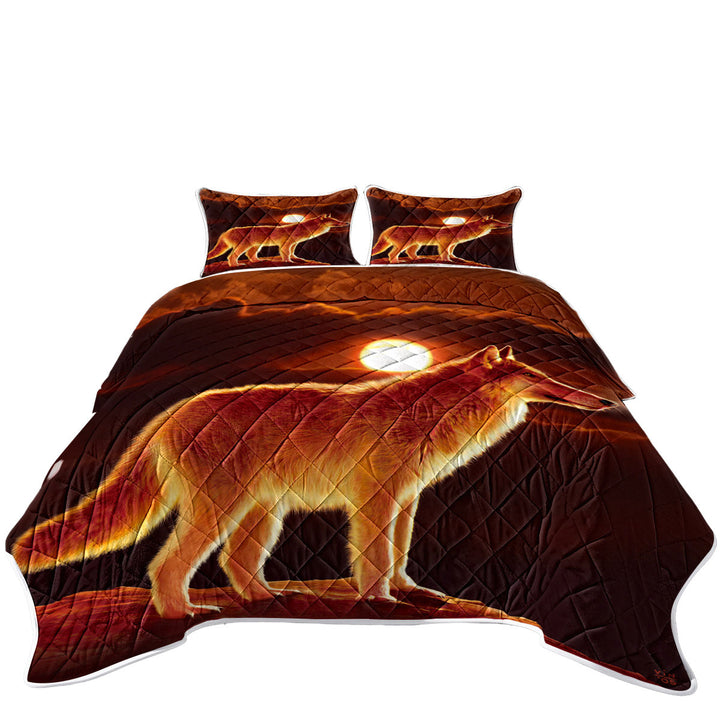 Wildlife Art Sunset Wolf King Size Quilt Sets