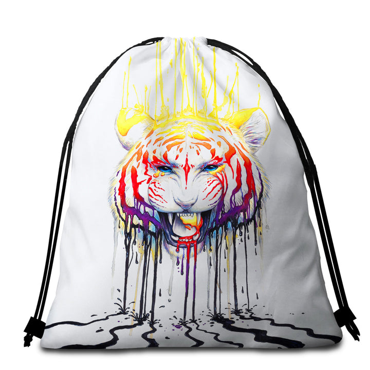 Wildlife Beach Towel Bags Painting Fading Colorful Tiger