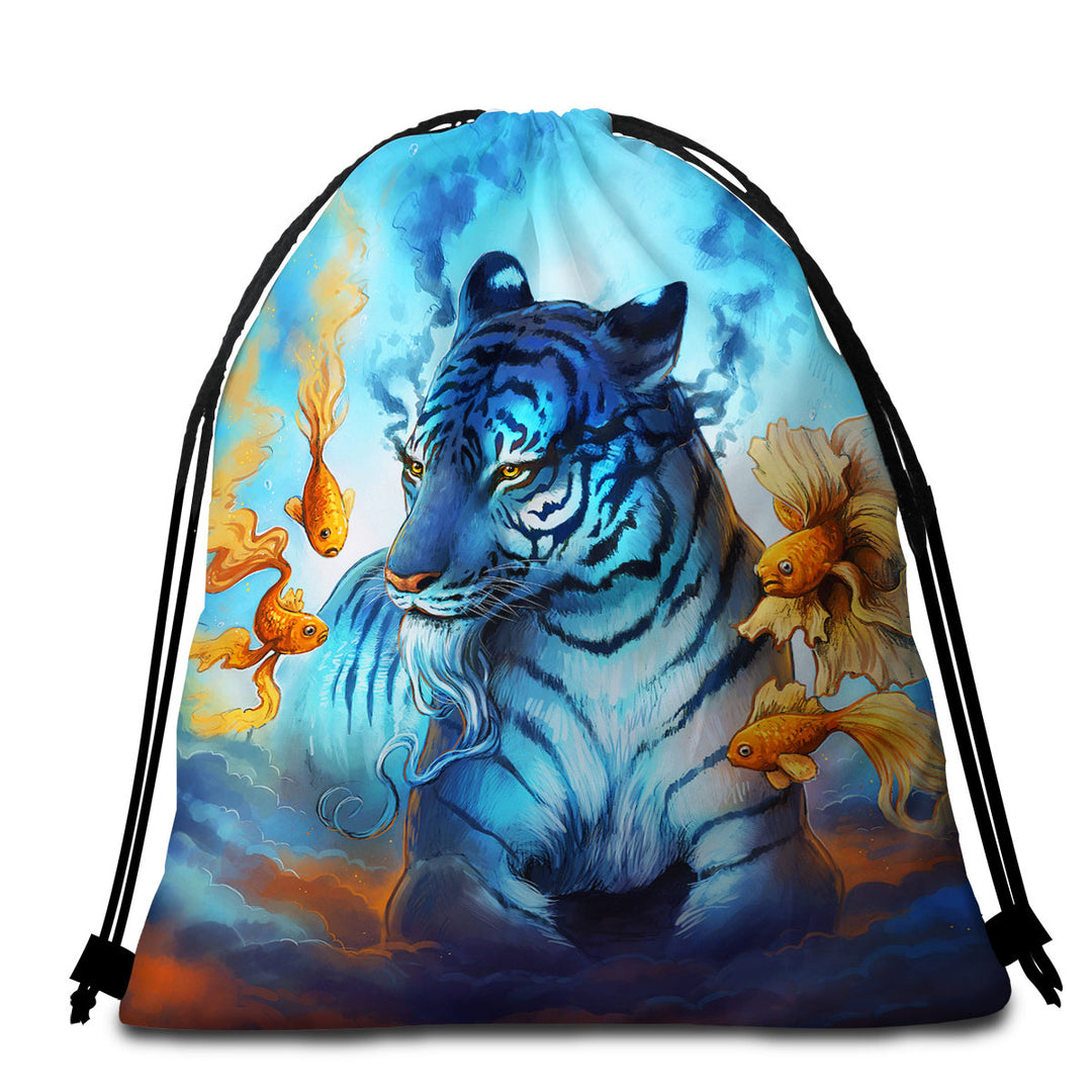 Wildlife Beach Towels and Bags Set Painting Dream Gold Fish and Tiger