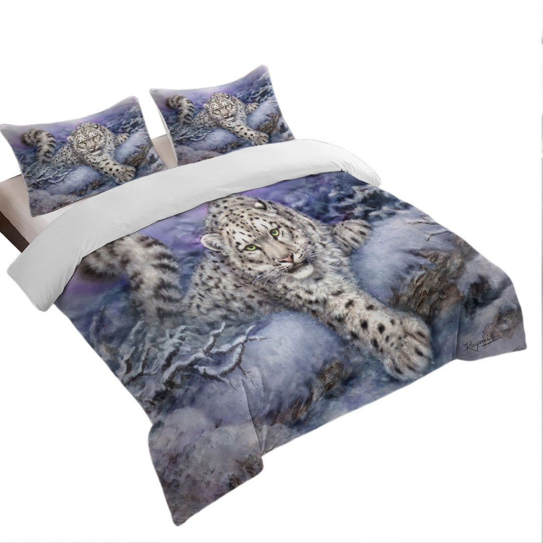 Wildlife Drawings Snow Forest White Leopard California King Duvet Cover