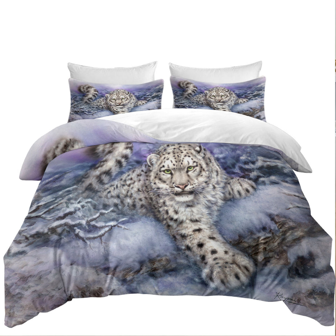 Wildlife Drawings Snow Forest White Leopard Duvet Cover