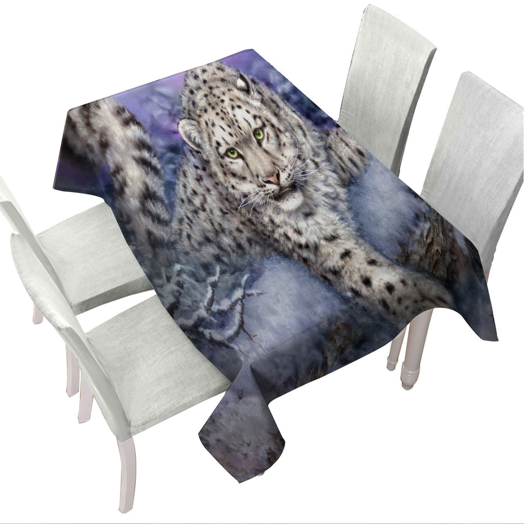 Wildlife Drawings Snow Forest White Leopard Printed Tablecloth