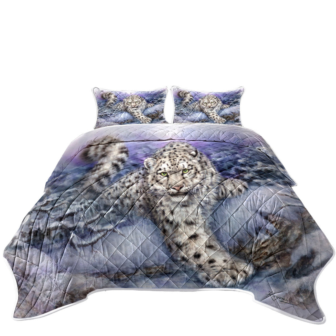 Wildlife Drawings Snow Forest White Leopard Quilt