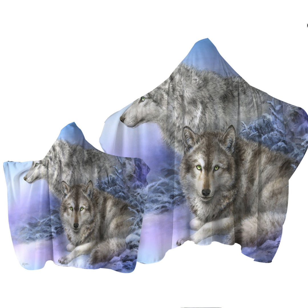 Wildlife Drawings Snow Forest Wolves Hooded Beach Towel