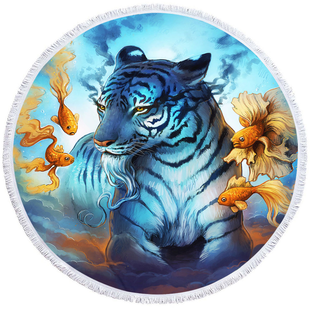 Wildlife Round Beach Towel Painting Dream Gold Fish and Tiger