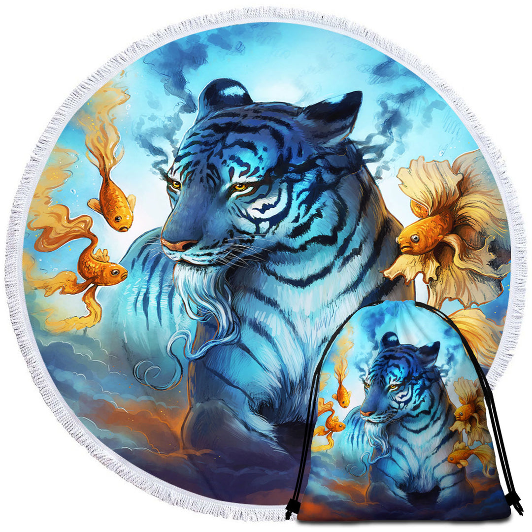 Wildlife Round Towel Painting Dream Gold Fish and Tiger