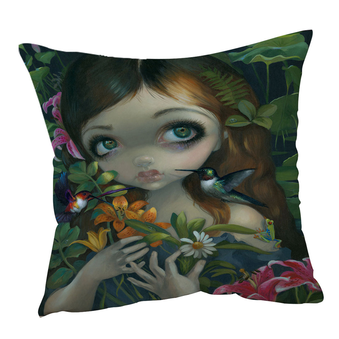 Wildwood Bouquet Flowers Art Girl with Hummingbirds Cushion Cover