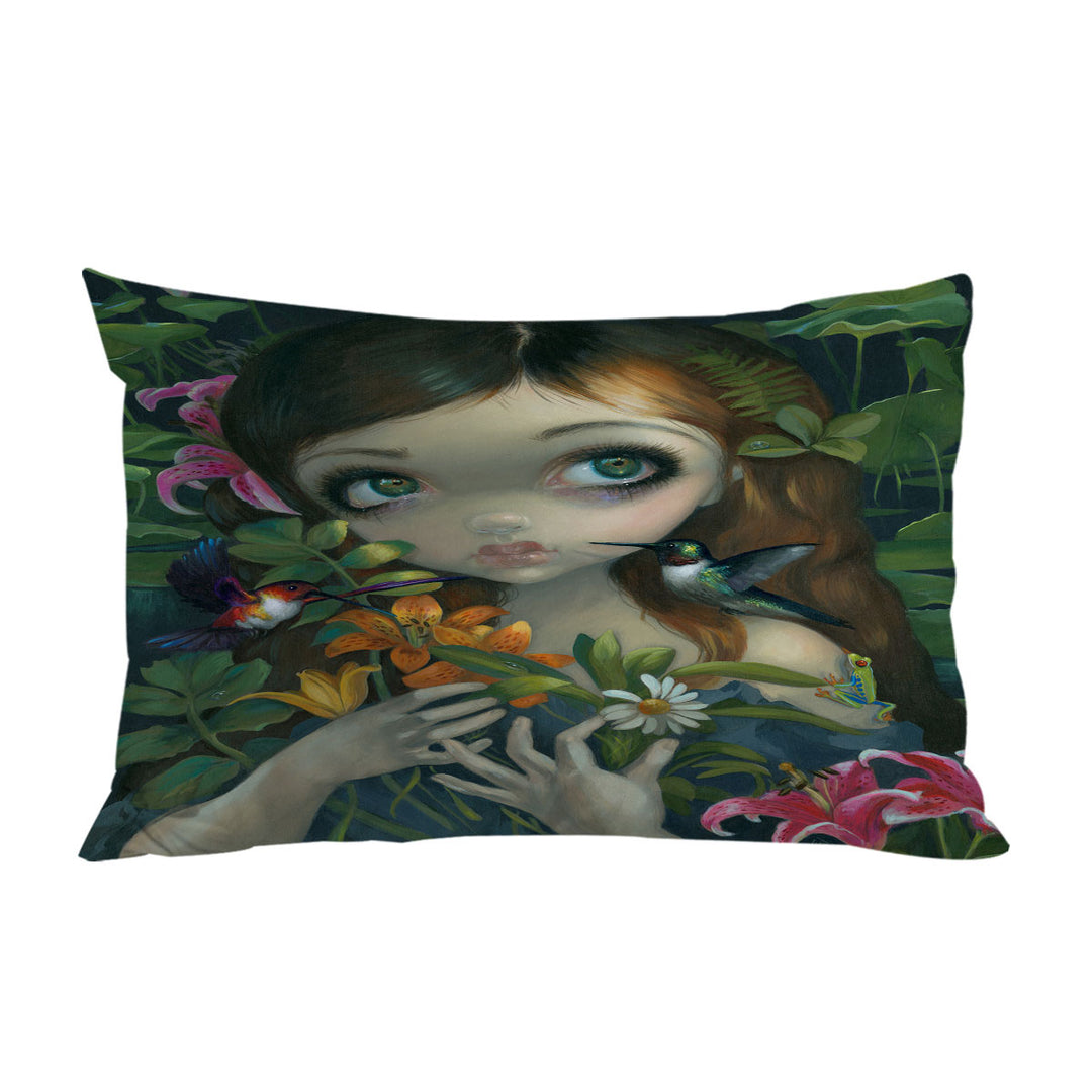 Wildwood Bouquet Flowers Art Girl with Hummingbirds King Pillow Cases