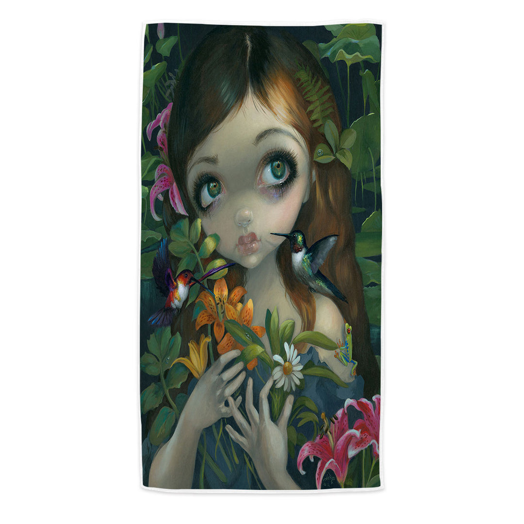 Wildwood Bouquet Flowers Art Girl with Hummingbirds Microfiber Beach Towel