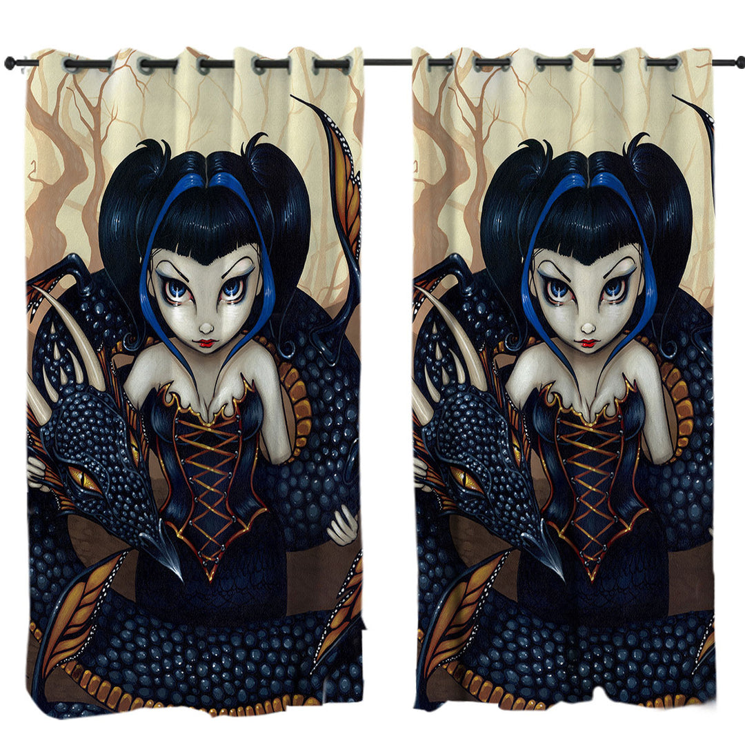 Window Curtains with Black Dark Dragon Gothic Beautiful Girl