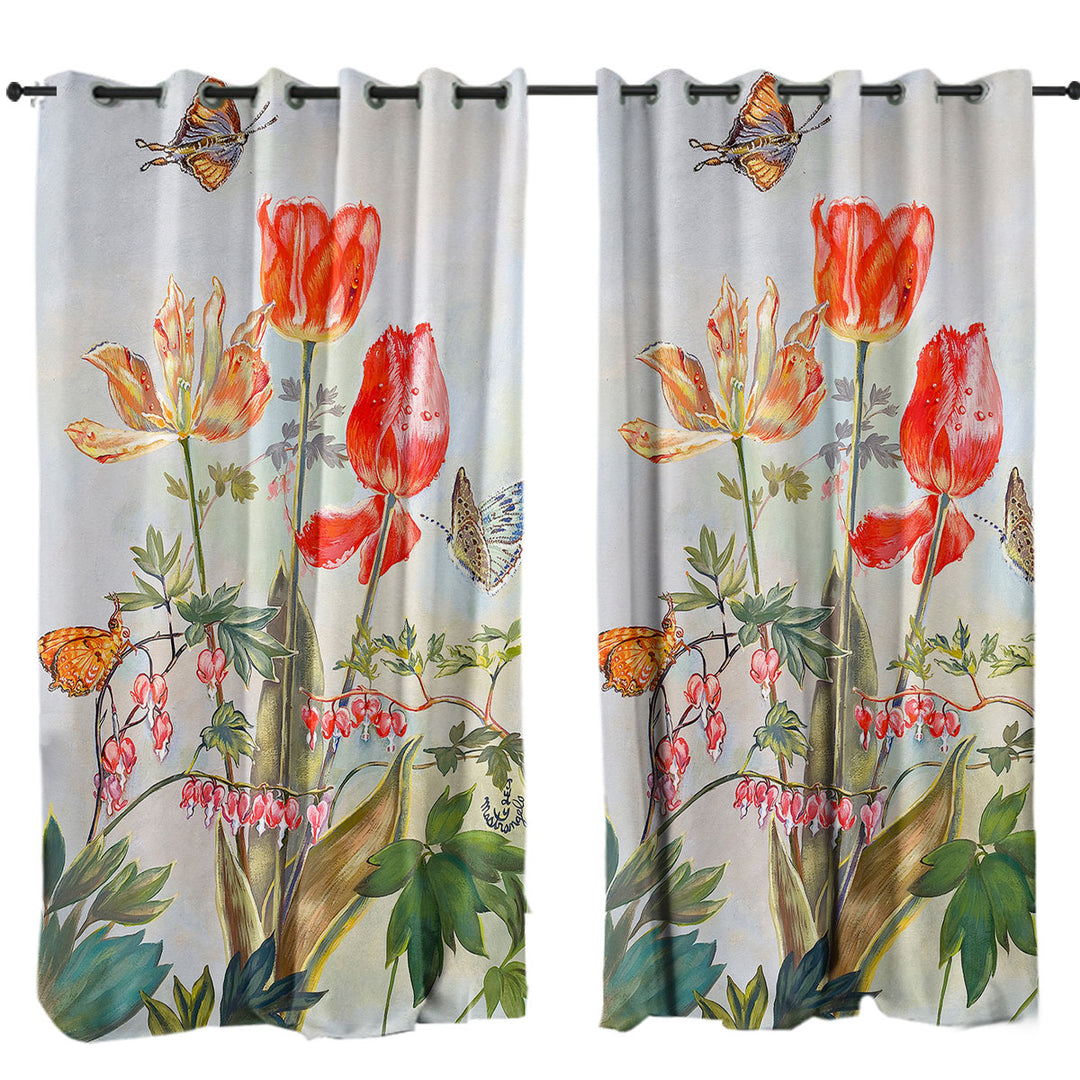 Window Curtains with Butterflies and Flowers Art Bleeding Hearts and Tulips