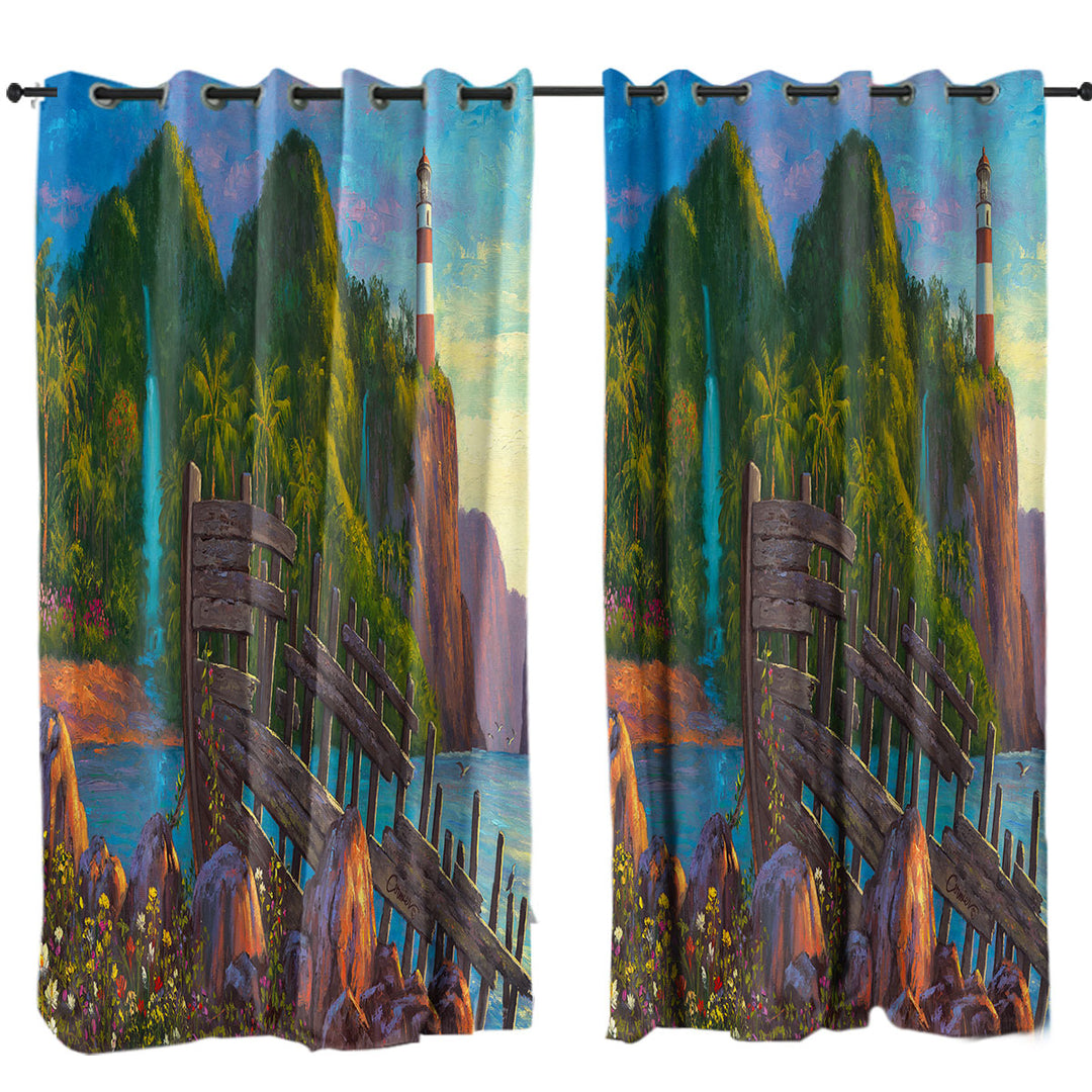 Window Curtains with Coastal Art Painting Lighthouse in Paradise Cove