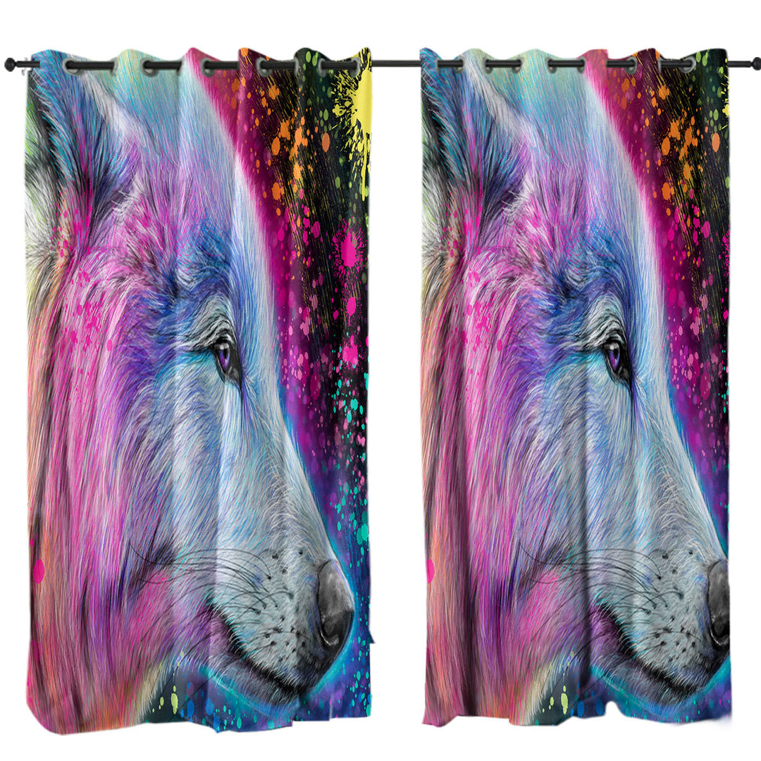 Window Curtains with Colorful Animal Art Neon Rainbow Wolf