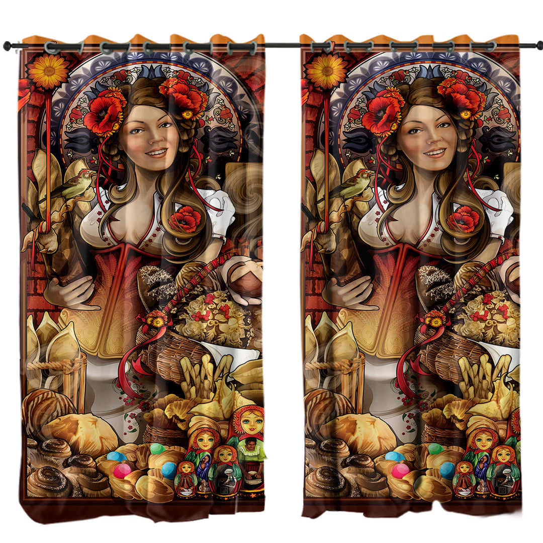 Window Curtains with Cool Art Pretty Woman the Goddess of Bread