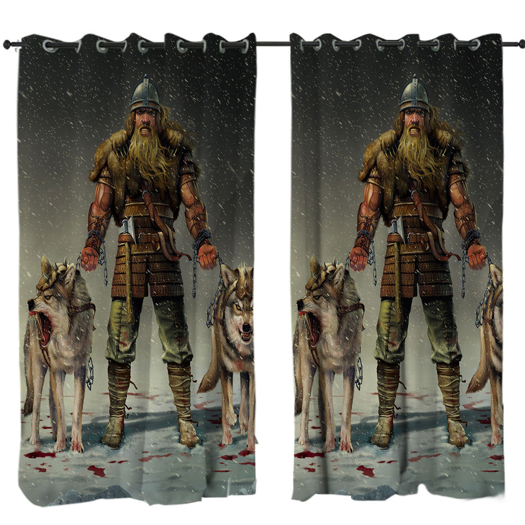 Window Curtains with Cool Mens Art Mountain Viking and Wolves