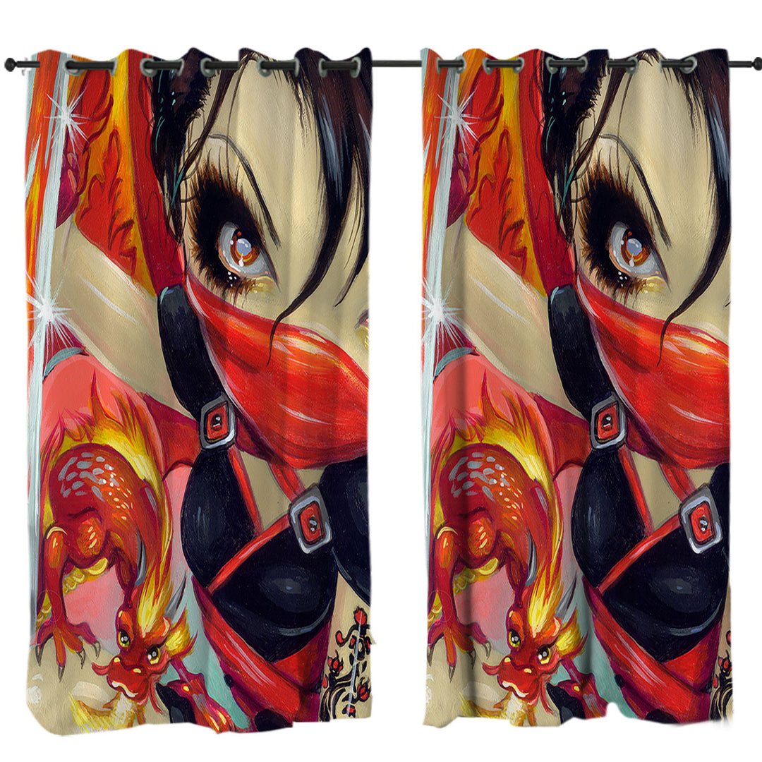 Window Curtains with Faces of Faery _185 Ninja Girl and Fire Dragon