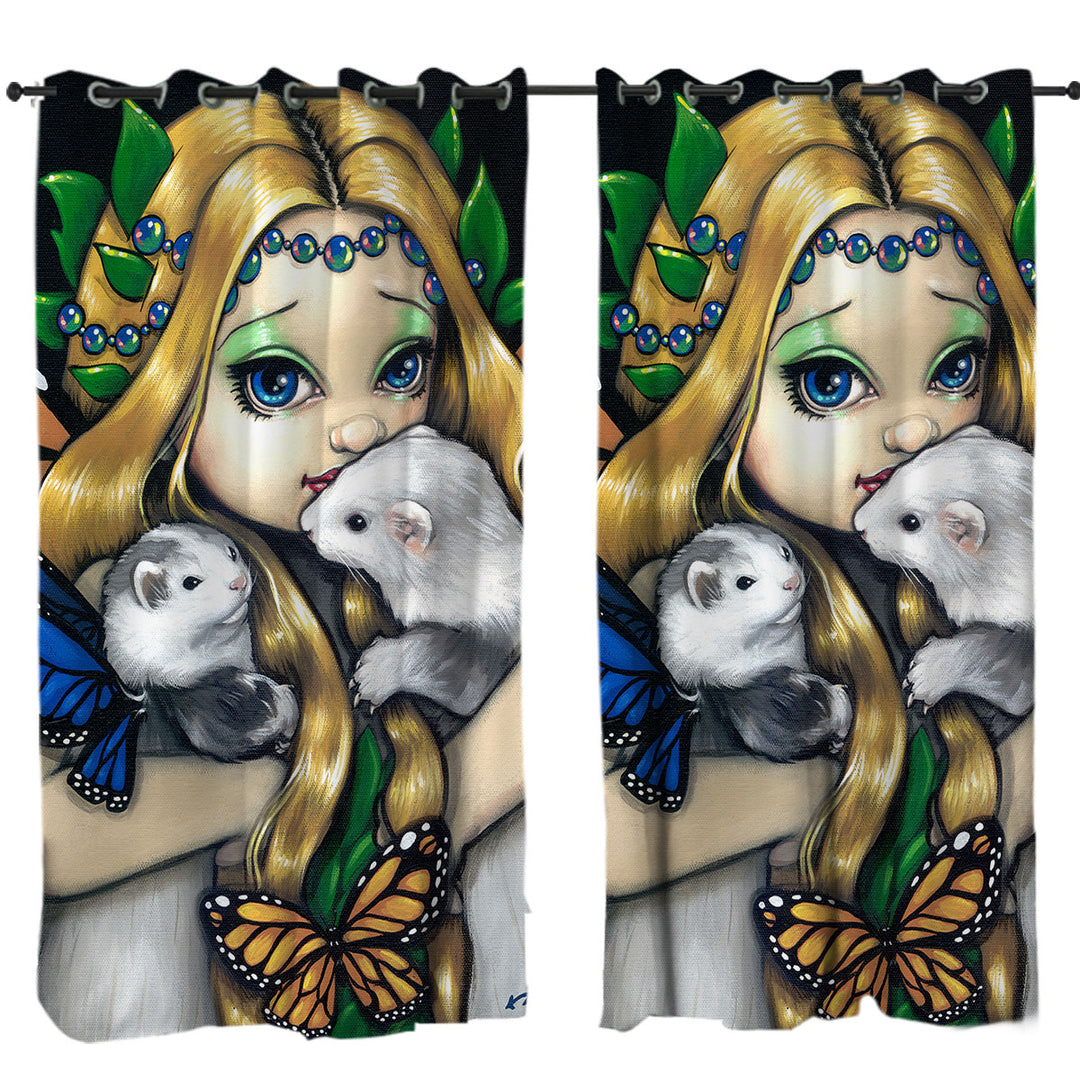 Window Curtains with Fairy with Two Magical Ferrets with Butterfly Wings