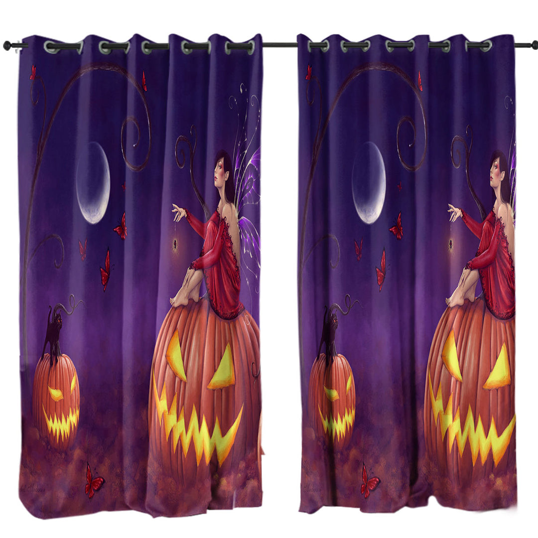 Window Curtains with Fantasy Halloween Witch Fairy and Scary Pumpkins