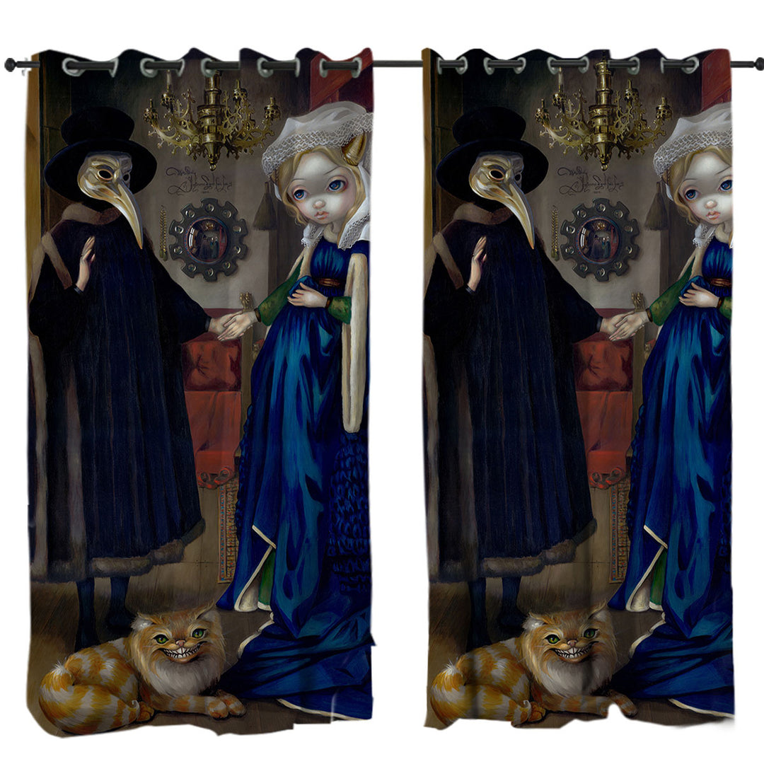 Window Curtains with Painted Fantasy Art Alice in a Van Eyck Portrait