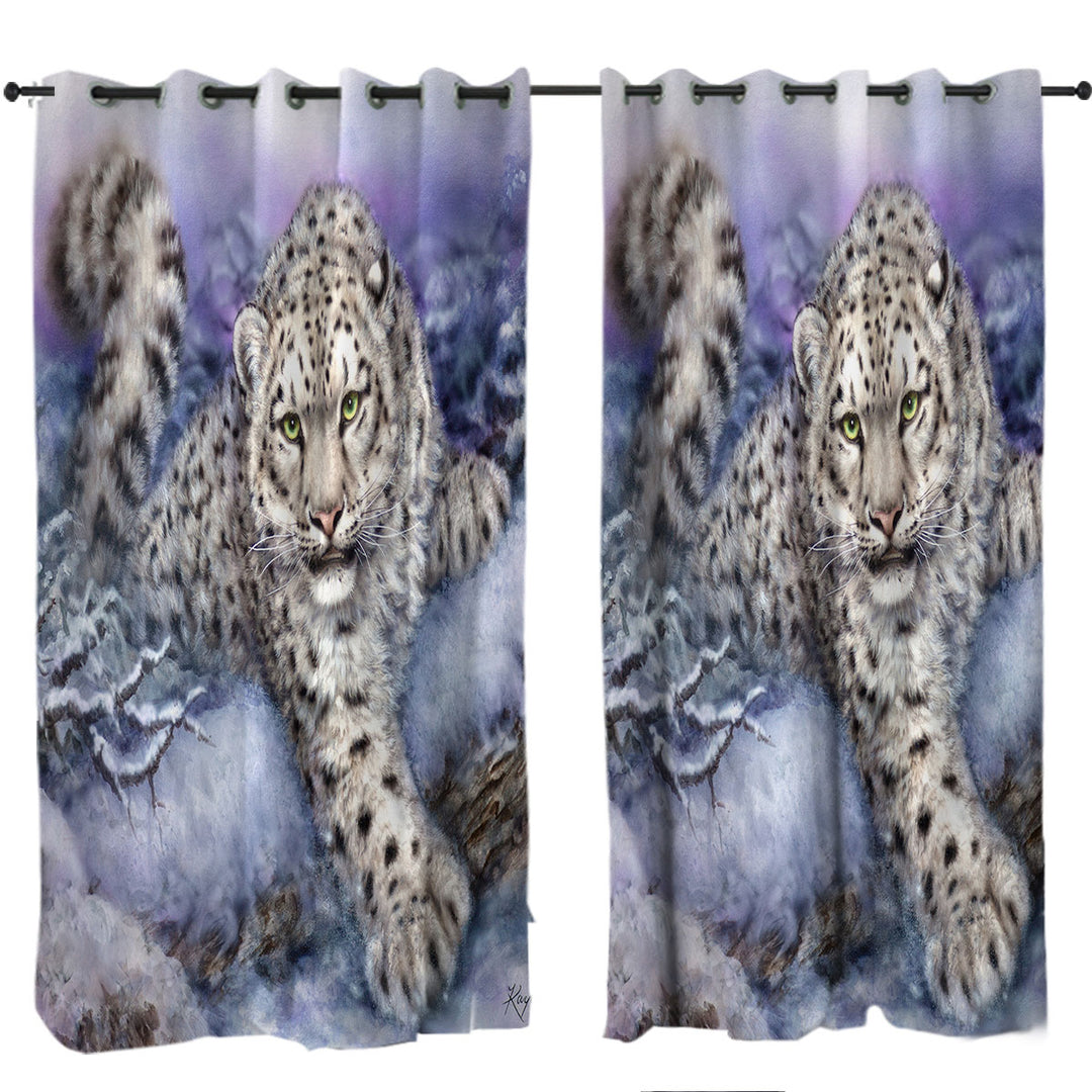 Window Curtains with Wildlife Drawings Snow Forest White Leopard