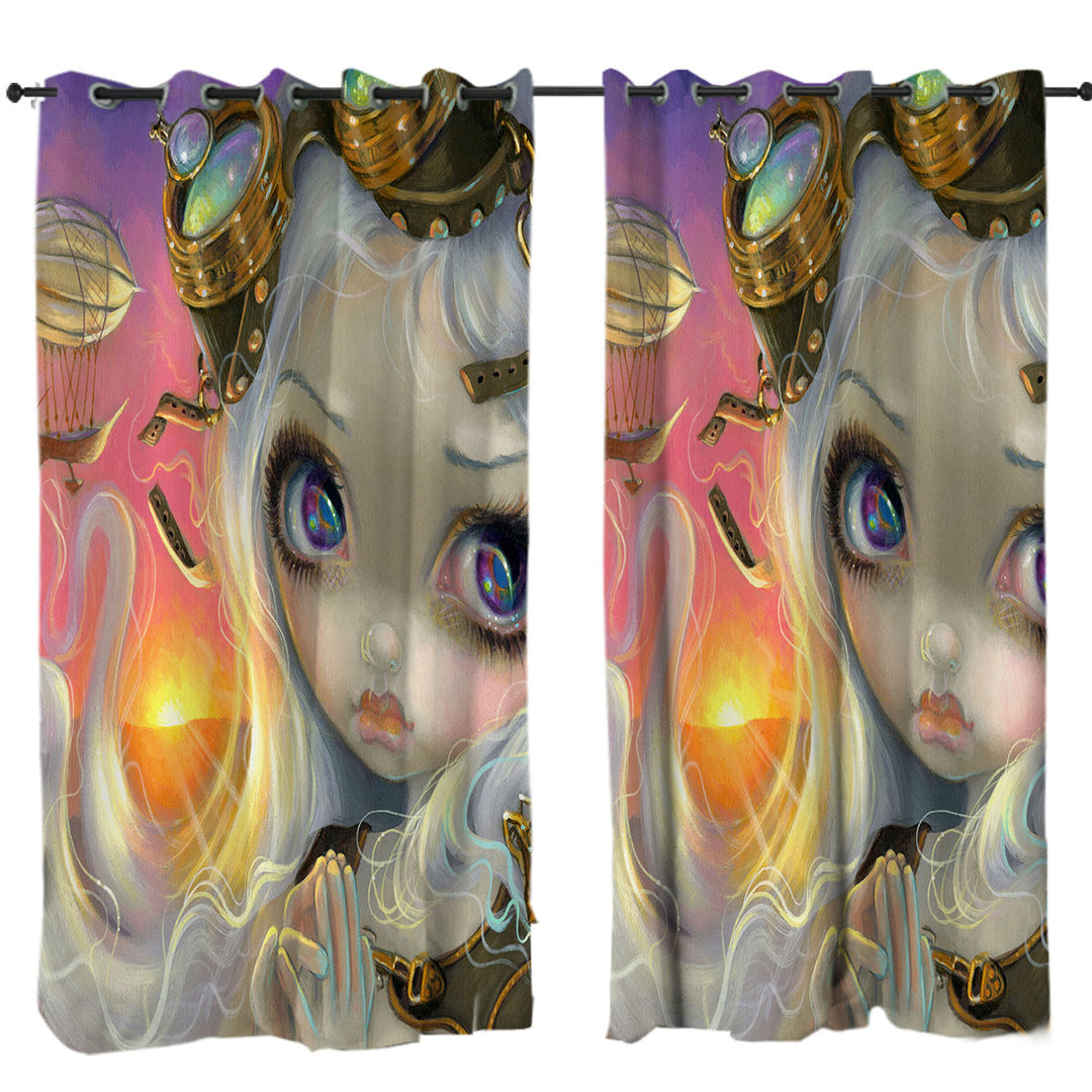 Windswept Lovely Steampunk Beautiful Girl at Sunset Curtains