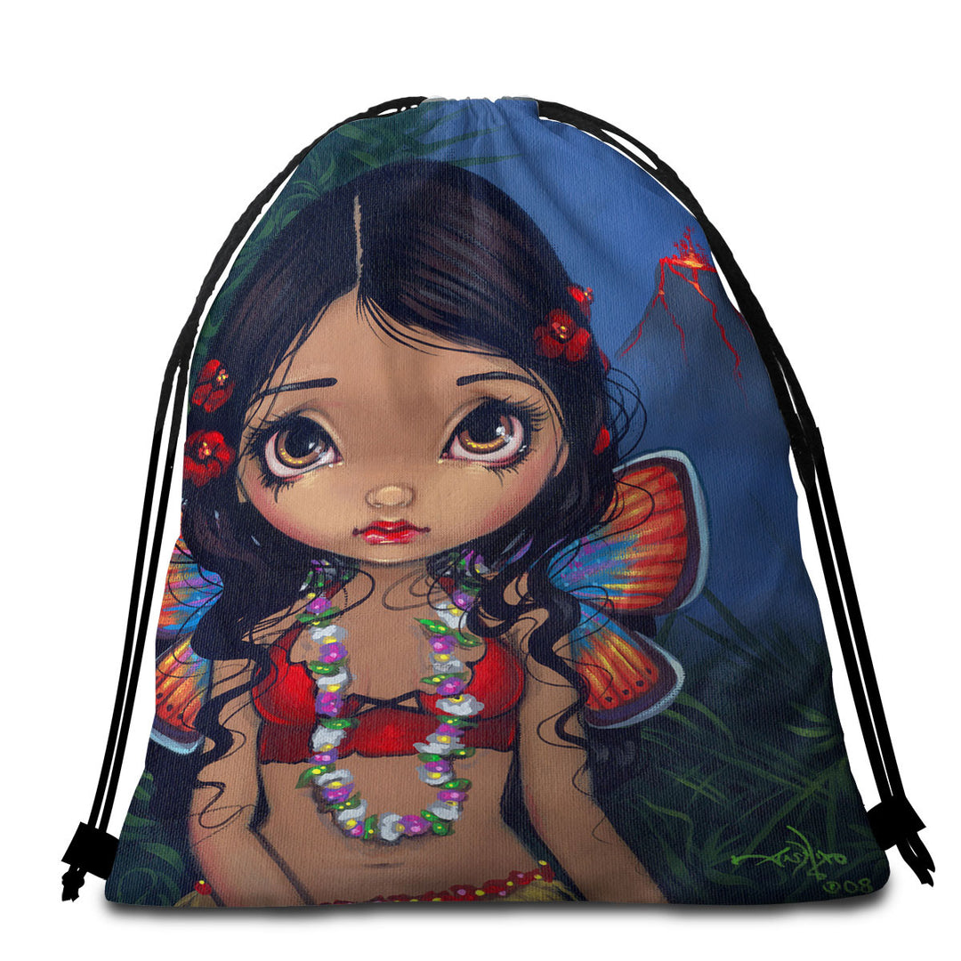 Winged Tiki Hula Girl Hawaiian Volcano Fairy Beach Towel Bags