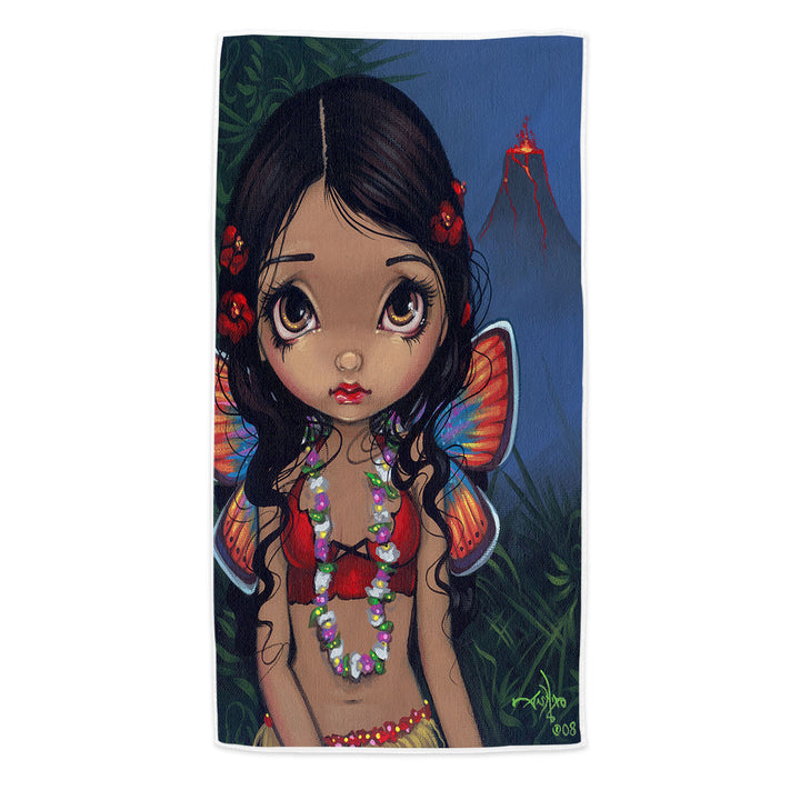 Winged Tiki Hula Girl Hawaiian Volcano Fairy Beach Towels