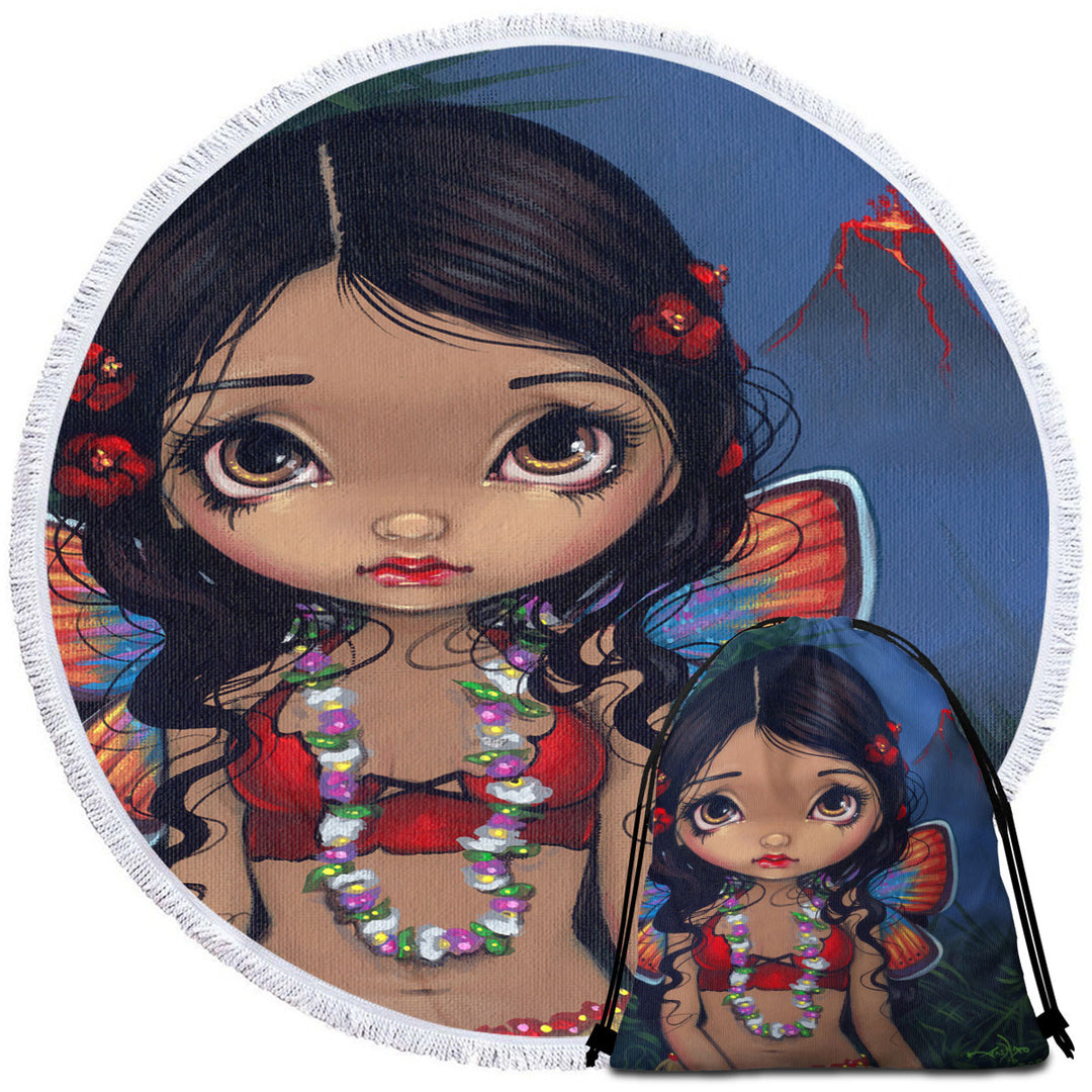 Winged Tiki Hula Girl Hawaiian Volcano Fairy Circle Beach Towel