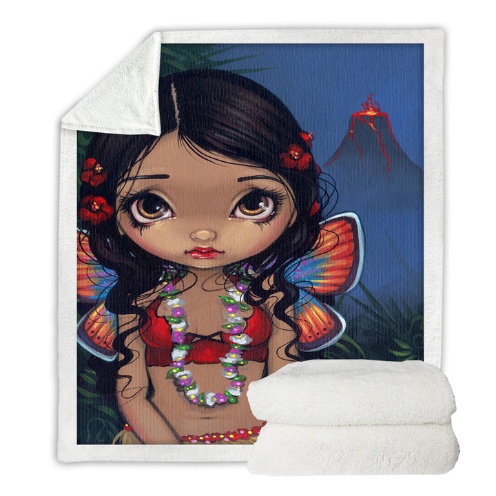 Winged Tiki Hula Girl Hawaiian Volcano Fairy Fleece Blankets