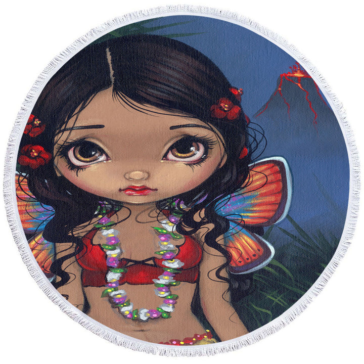 Winged Tiki Hula Girl Hawaiian Volcano Fairy Round Beach Towel