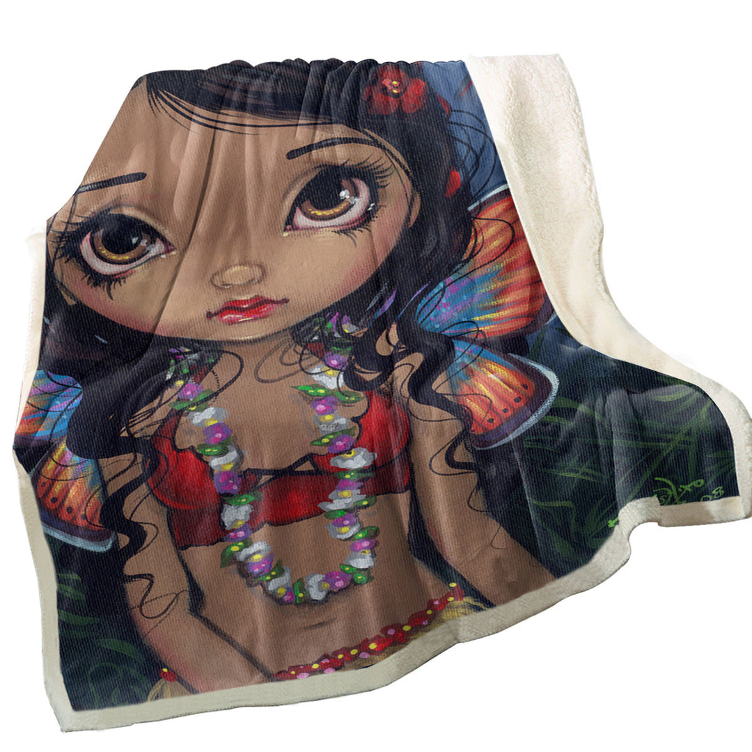 Winged Tiki Hula Girl Hawaiian Volcano Fairy Throw Blanket