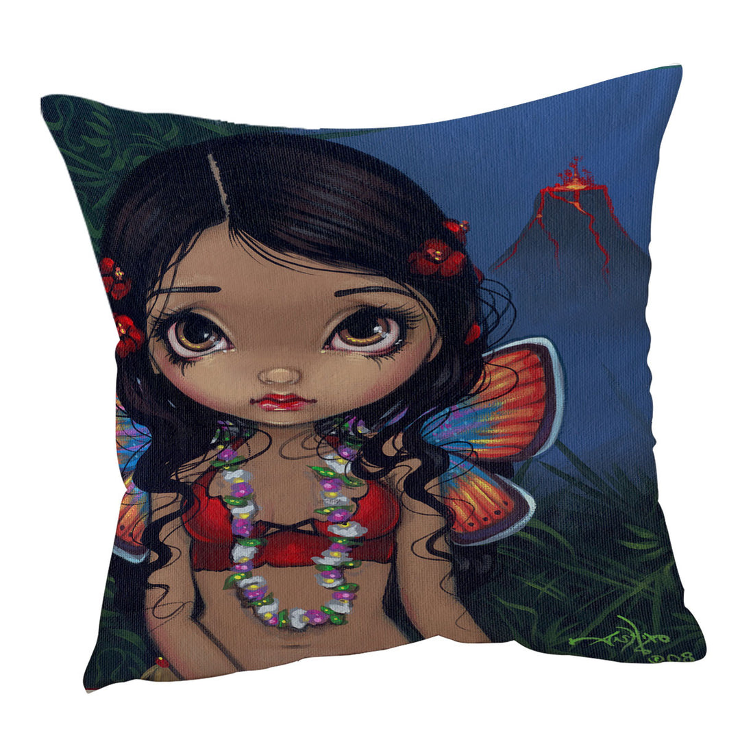 Winged Tiki Hula Girl Hawaiian Volcano Fairy Throw Pillow