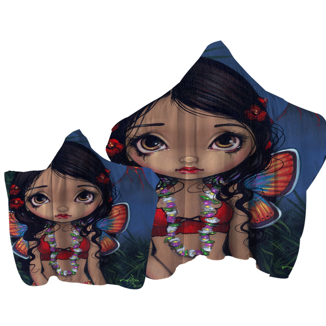 Winged Tiki Hula Girl Hawaiian Volcano Fairy Towel with Hood