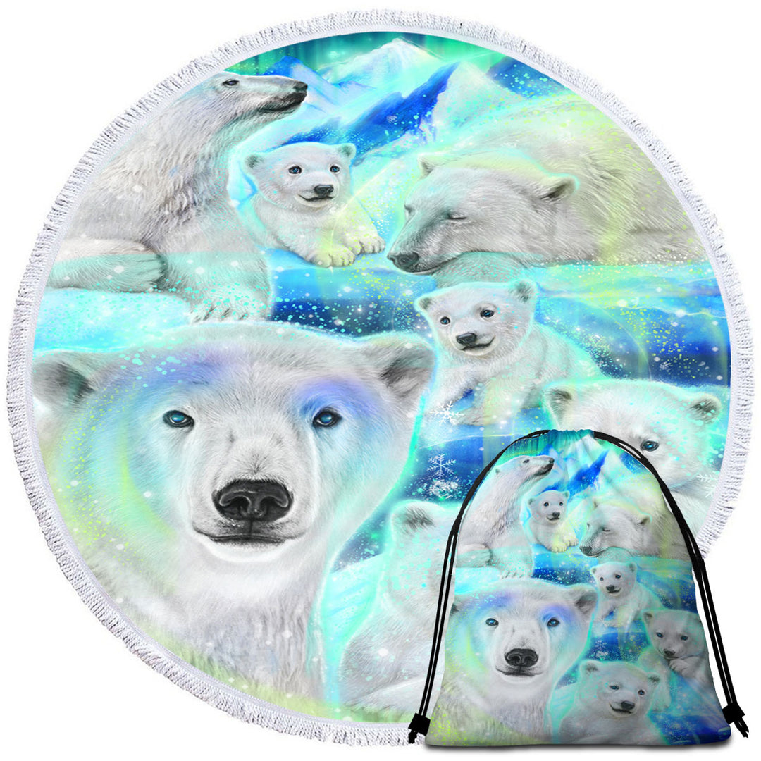 Winter Aurora Art Day Dream Polar Bears Round Beach Towel