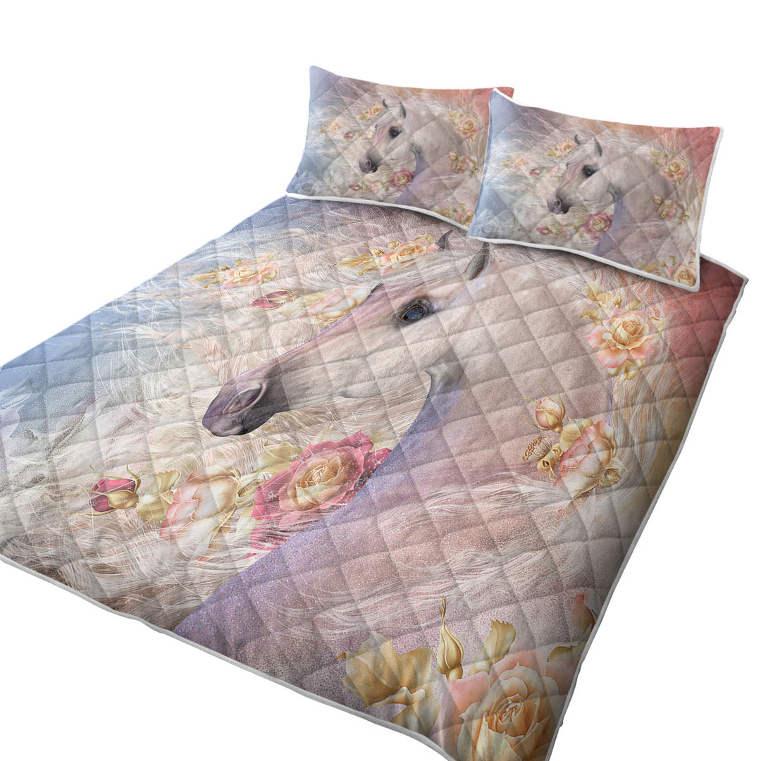 Winter Rose Roses and White Horse King Size Bedspreads